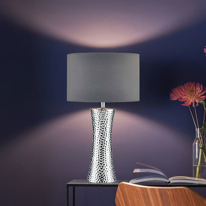Bokora table lamp with hammered silver ceramic base and grey satin drum shade