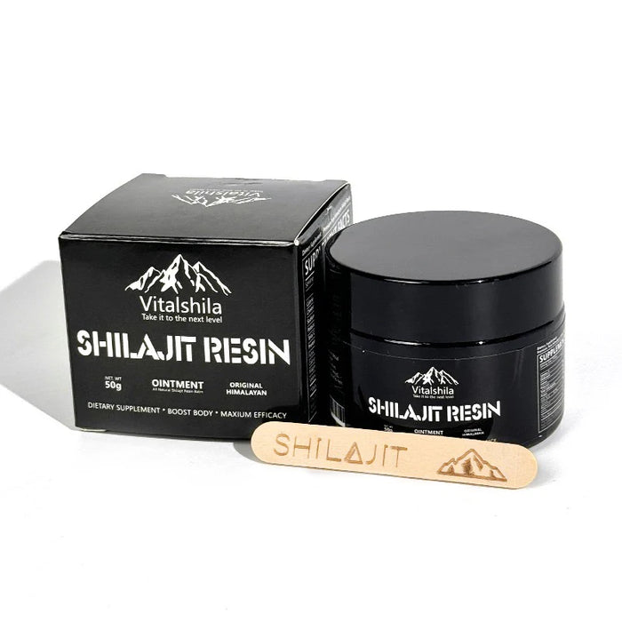 Glass jar of pure Himalayan Shilajit resin with fulvic acid for stress relief and mental clarity