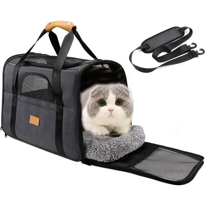 Soft-sided pet travel carrier for cats and small dogs with breathable mesh, padded mat, and safety leash