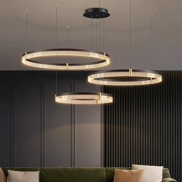 Modern Nordic LED pendant light fixture with aluminum frame, acrylic lampshade, and adjustable color temperature