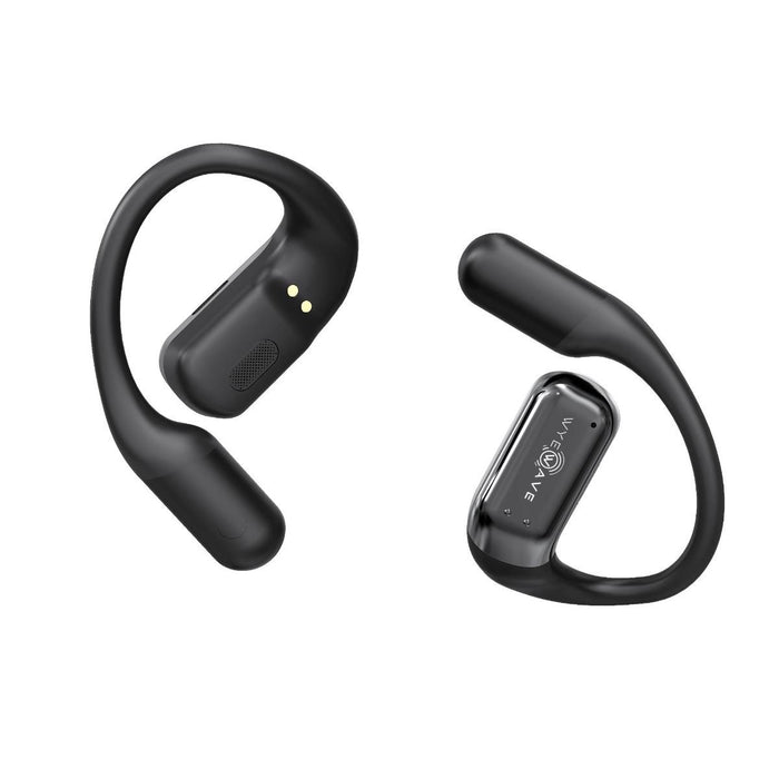 Black ENC wireless earbuds with silicone earhooks, USB-C charging case, and 24-hour battery life