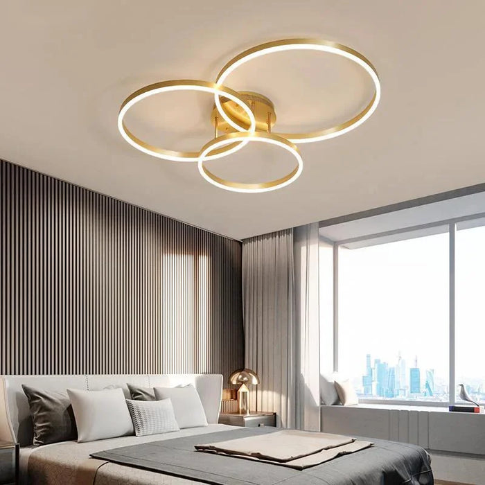 Modern gold or black LED chandelier with acrylic and iron design, semi-flush mount and dimmable remote lighting