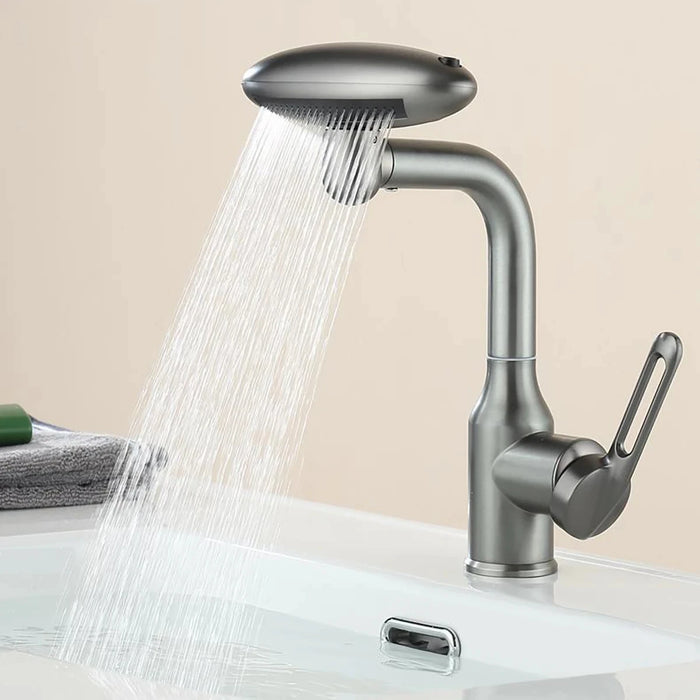 Modern 4-mode brass faucet with 360-degree swivel, shown installed on a white basin in a minimalist bathroom setting