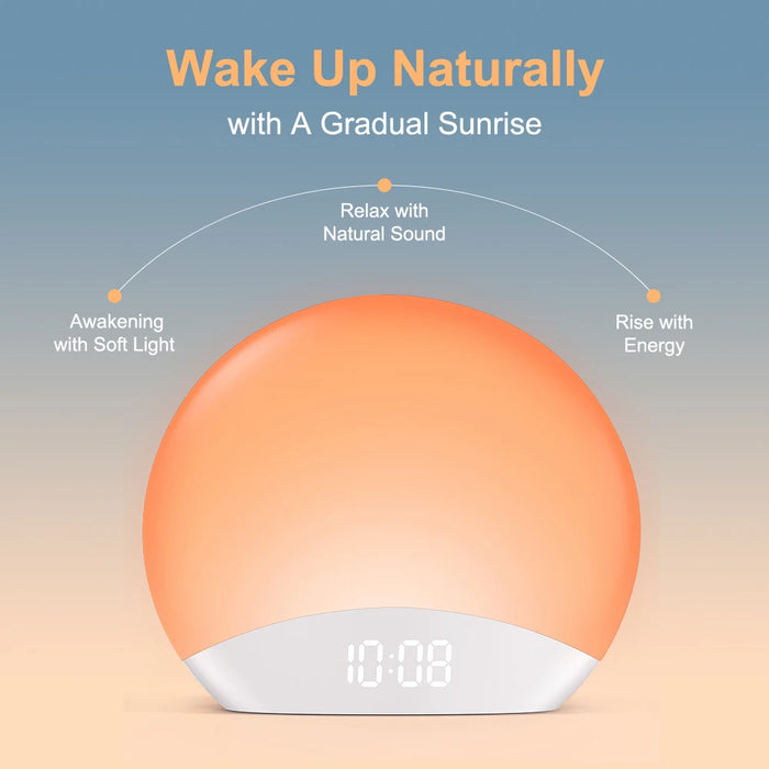 All-in-one sleep aid with sunrise alarm, sound machine, dimmable clock, and nightlight for restful sleep and natural wake-up