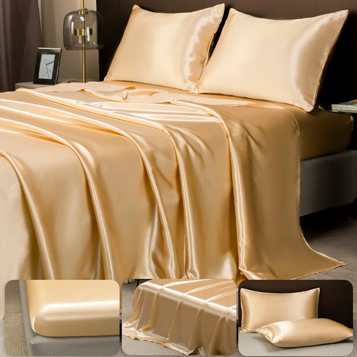 Satin bed sheet set with fitted sheet, flat sheet, and pillowcases in solid color, smooth polyester 200TC for Twin, Full, Queen, King beds.