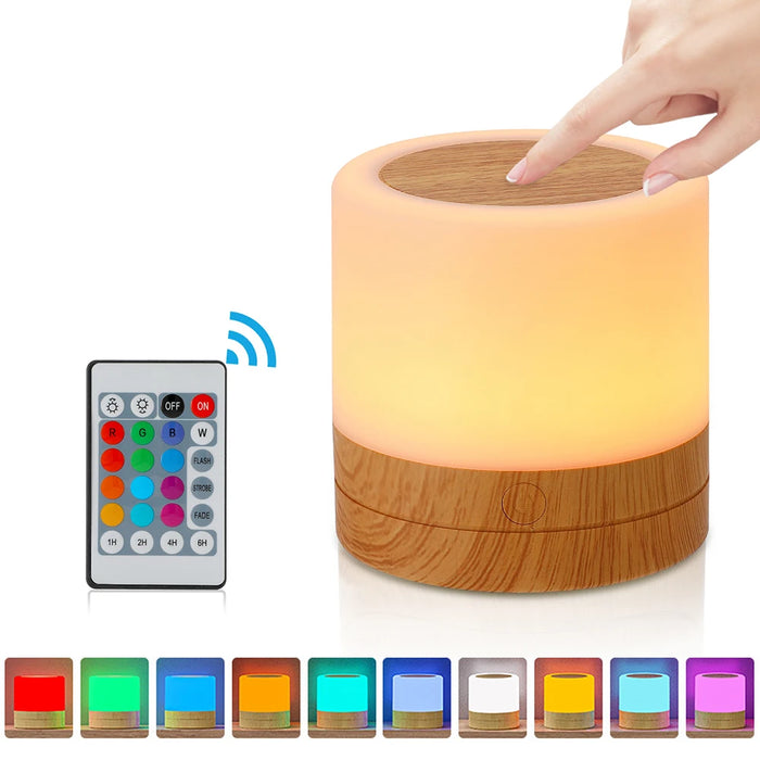 Modern RGB night light with dimmable brightness, USB rechargeable desk lamp on a wooden nightstand