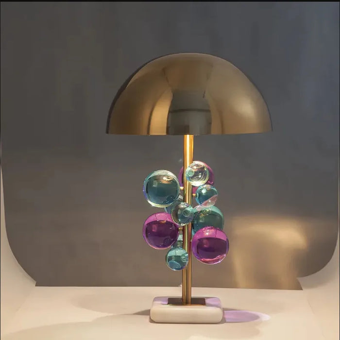 Art Deco mushroom floor lamp with colourful glass globes and polished chrome finish