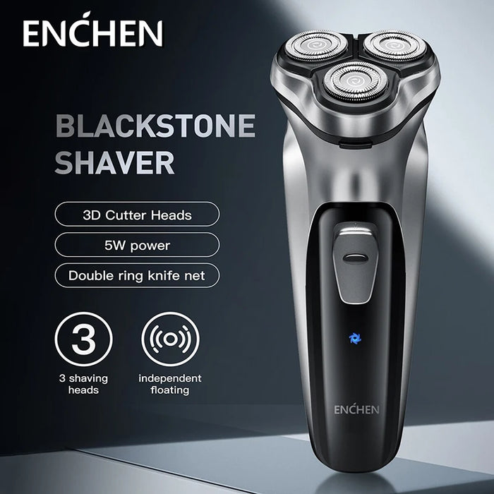 3D rotary electric shaver with triple floating heads, dual ring cutter, and smart display on a sleek bathroom countertop