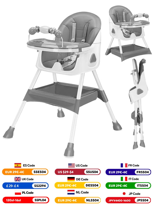 3-in-1 convertible baby high chair with removable tray, safety harness, and washable cushion shown in a modern kitchen setting