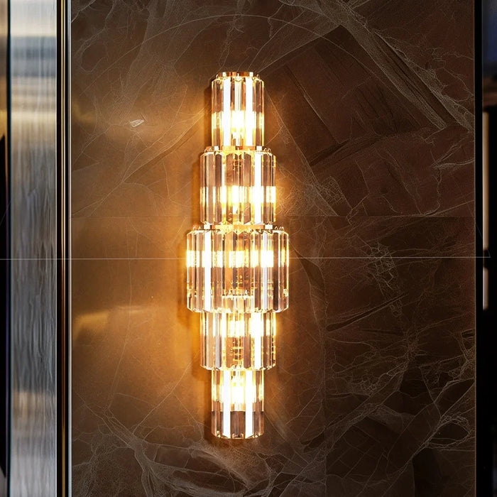 Gold crystal wall sconce with 3- or 5-tier design and adjustable three-color LED lighting for living rooms, dining areas, and hotels