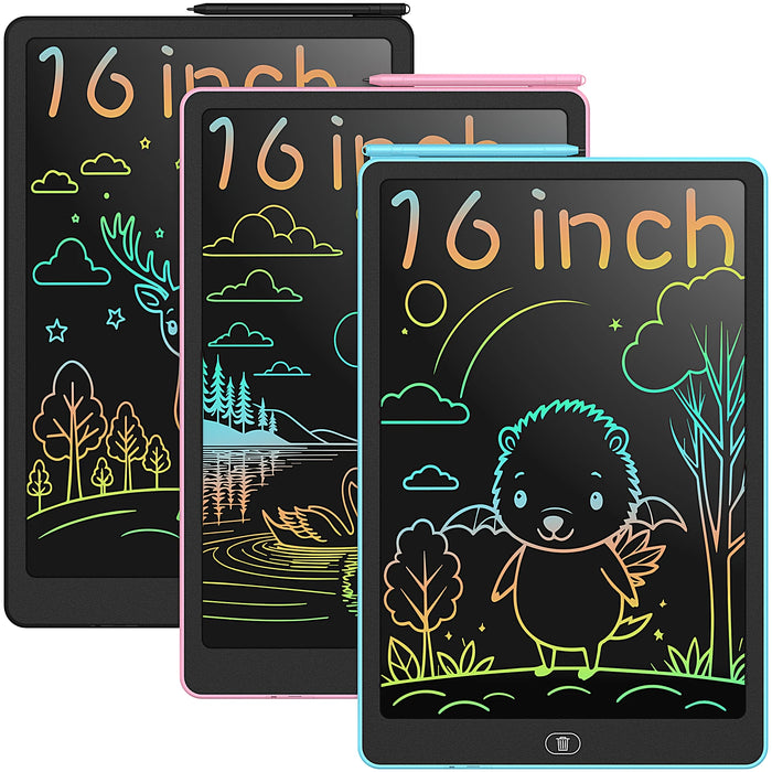 Child using a 16-inch LCD writing tablet with colorful drawings and stylus, on a desk at home