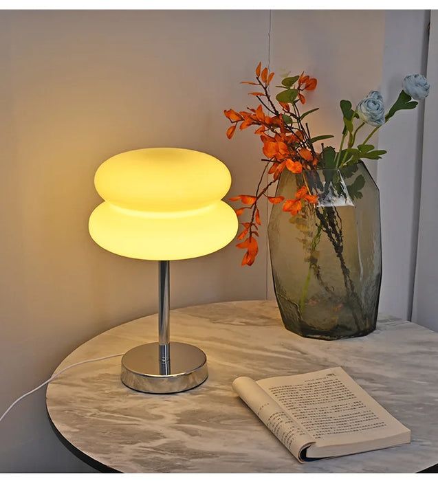 Modern stained glass LED table lamp with silver frame and touch control