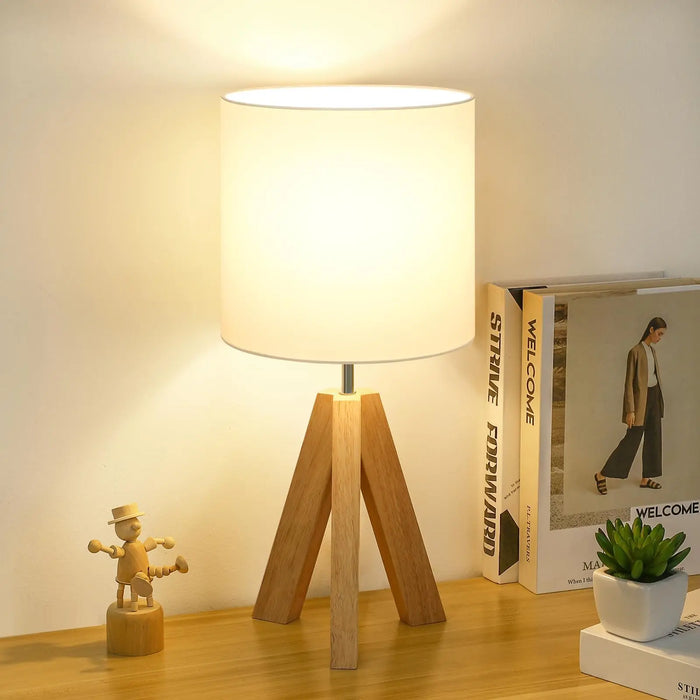 Boho Wooden Tripod Floor Lamp with Fabric Shade – Dimmable E26 LED Light for Bedroom or Living Room