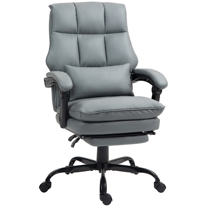 Black reclining swivel chair with footrest and thick padding, placed in a modern home office setting