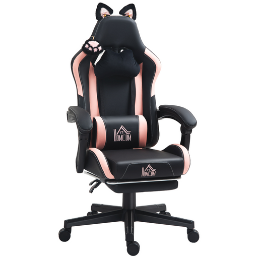 Pink and black gaming chair with cat ears and footrest, shown in a modern bedroom setup with soft lighting