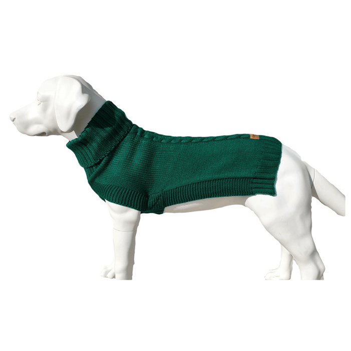 Green cable knit dog jumper for long-bodied breeds like Greyhounds, Whippets, and Dachshunds.