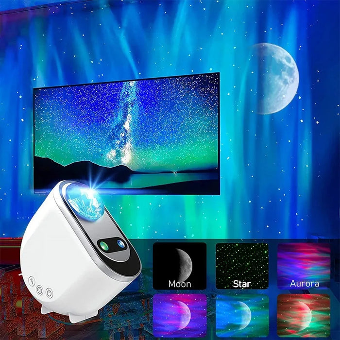 Aurora star projector lamp casting galaxy lights with moon and stars in a dark room