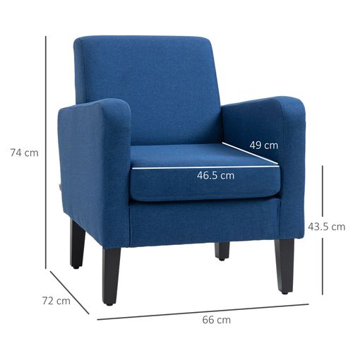 Modern blue linen accent chair with rubber wood legs – space-saving armchair for small bedrooms UK