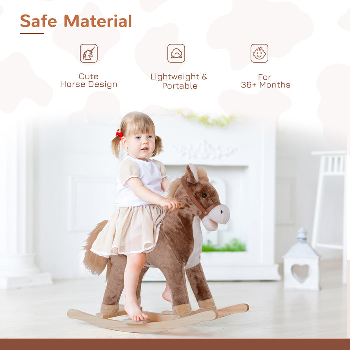 Brown and White Plush Rocking Horse for Toddlers – Wooden Frame Ride-On Toy