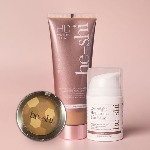 Facial Tanning Bundle featuring both the instant illuminating skin perfector and the overnight hyaluronic tanning balm.