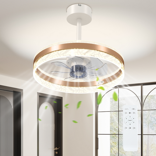 Gold-tone modern ceiling fan with LED light, remote control, and acrylic bubble shade