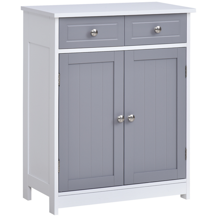 White freestanding bathroom storage cabinet with drawers and cupboard for towels and toiletries