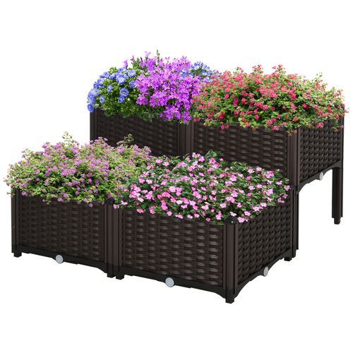 Raised plastic modular planter box with rattan finish and removable legs for patio gardening