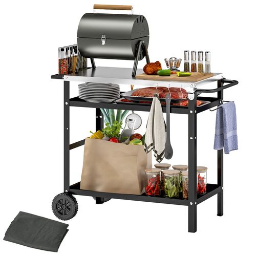 Outsunny BBQ trolley with stainless steel top, storage shelves, utensil hooks, and wheels – black outdoor prep table for UK gardens