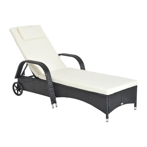 Black Outsunny adjustable rattan sun lounger with cushion, headrest and wheels – outdoor recliner for garden or patio UK