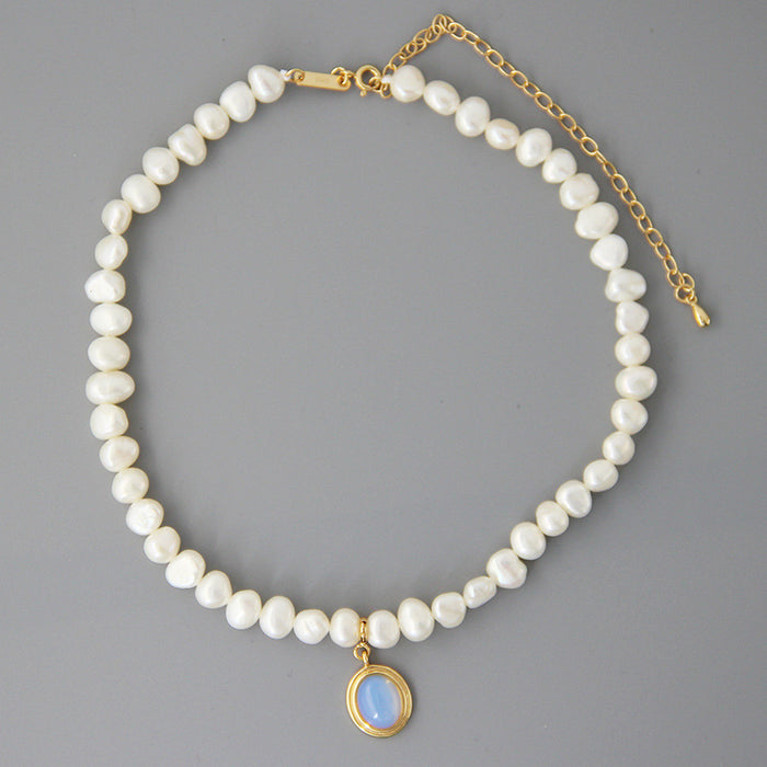 925 sterling silver geometric pendant necklace with irregular pearl – adjustable 21-50cm chain UK