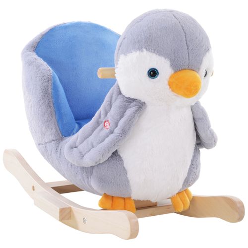 Penguin baby rocking horse with musical button and sturdy wooden frame for toddlers.