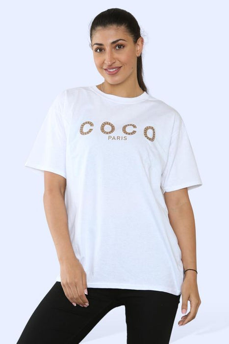 Woman wearing Coco Paris printed short sleeve T-shirt in white