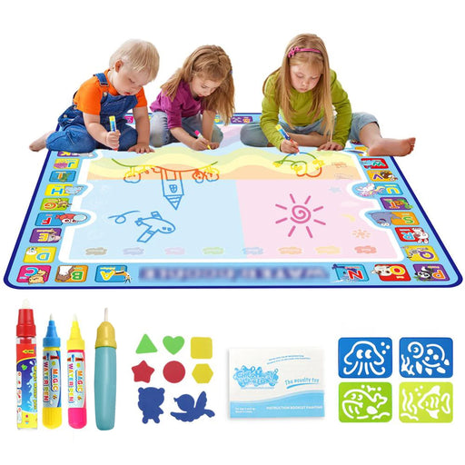 Toddler using reusable water doodle mat with educational accessories