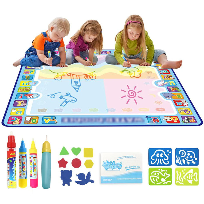Toddler using reusable water doodle mat with educational accessories