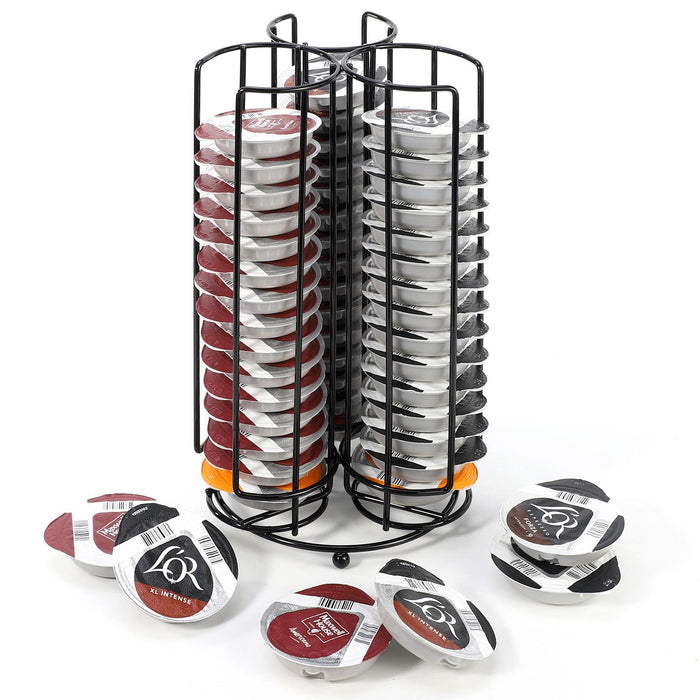Black metal Tassimo pod holder with 48-capsule capacity and compact countertop design