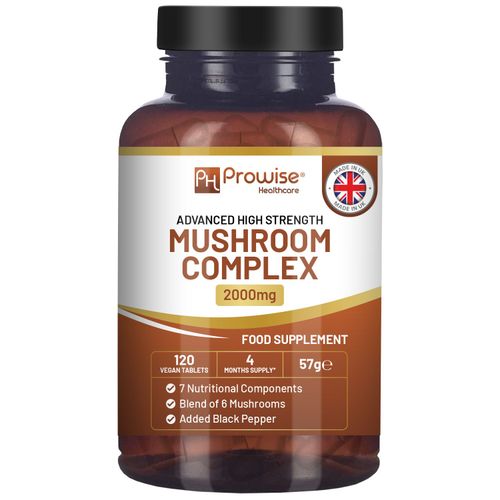 Vegan mushroom complex supplement with 6-mushroom blend for immune and brain support – 120 tablets