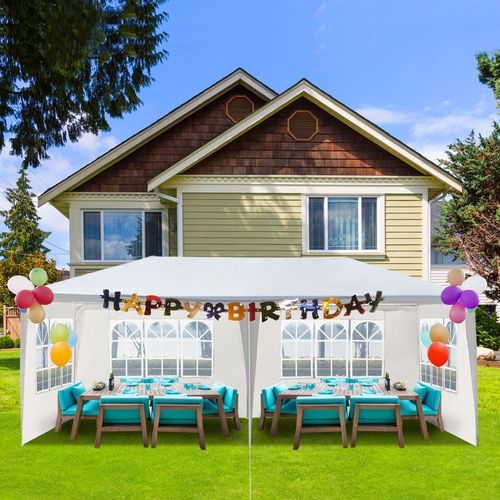 White 10x20 outdoor party tent with removable sidewalls and windows, waterproof PE cloth shelter