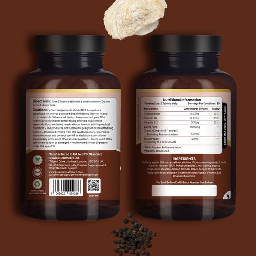 Bottle of vegan 6-mushroom complex tablets with black pepper and B-vitamin icons