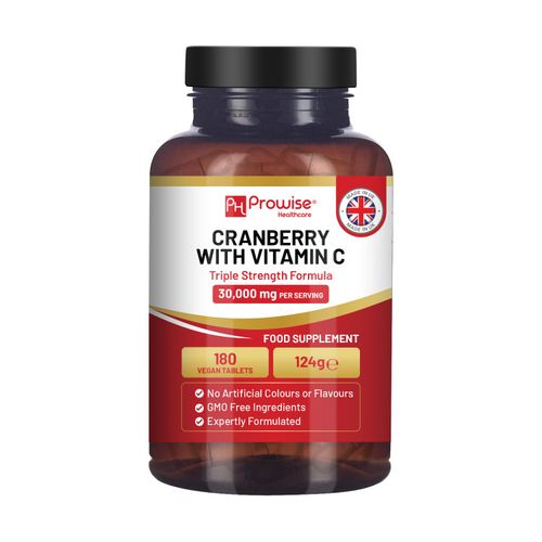 Bottle of cranberry and vitamin C vegan tablets for urinary and immune support