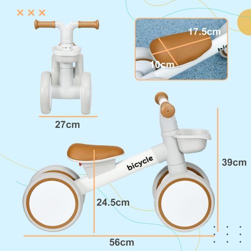 Brown and white toddler balance bike with enclosed wheels and adjustable seat