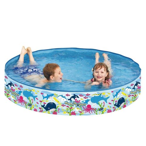 Jilong rigid wall paddling pool with sea world design, made from durable PVC, available in 120cm and 150cm sizes, perfect for kids’ summer fun in the garden.