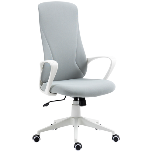 Ergonomic grey-green office chair with adjustable height, breathable fabric, and 360° swivel wheels in a modern home office setting.