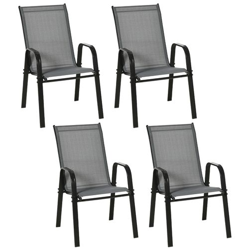 Set of four stackable outdoor mesh garden chairs with high backs and metal frame