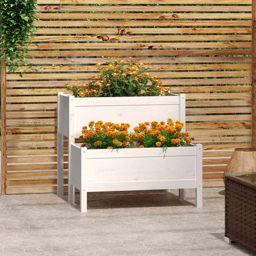 White 2-tier wooden planter with solid pine frame and dual flower boxes β compact raised bed for balcony or patio UK