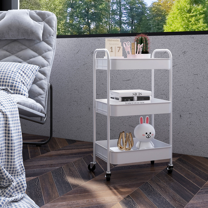 3-Tier Steel Storage Trolley – White Rolling Kitchen Cart with Baskets & Wheel - Samanta Factory