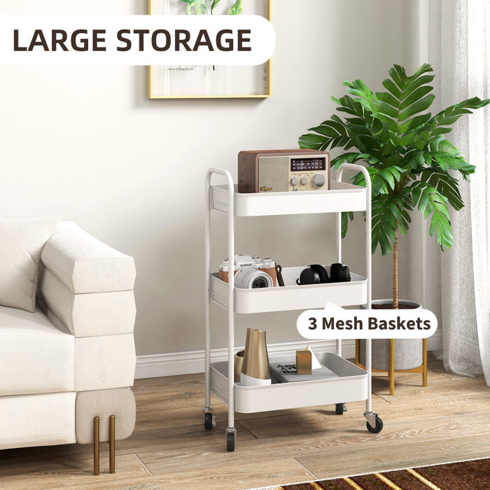 3-Tier Steel Storage Trolley – White Rolling Kitchen Cart with Baskets & Wheel - Samanta Factory
