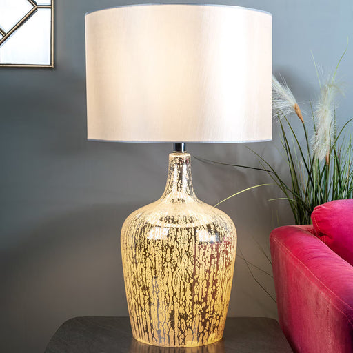 Lolek dual light table lamp with textured silver glass base and ivory faux silk shade
