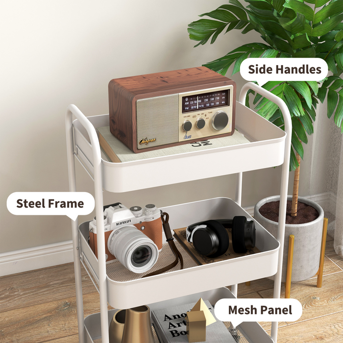 3-Tier Steel Storage Trolley – White Rolling Kitchen Cart with Baskets & Wheel - Samanta Factory