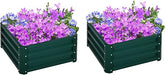Set of two green galvanised steel raised garden planter boxes with open bottom

