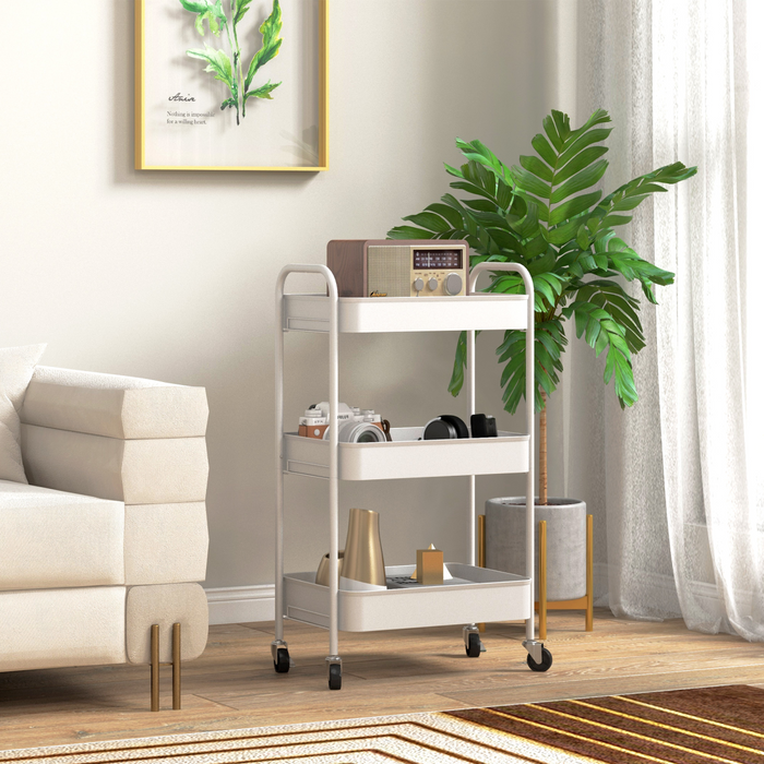 3-Tier Steel Storage Trolley – White Rolling Kitchen Cart with Baskets & Wheel - Samanta Factory